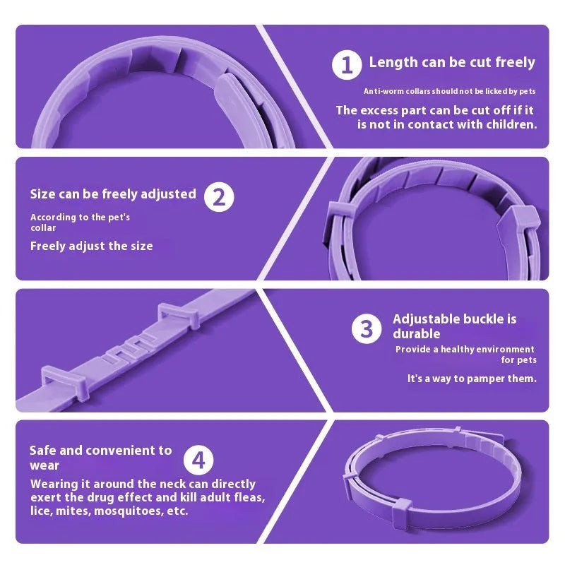 Adjustable calming collar for cats and dogs in orange, blue, grey, and purple, sizes 38cm and 63.5cm