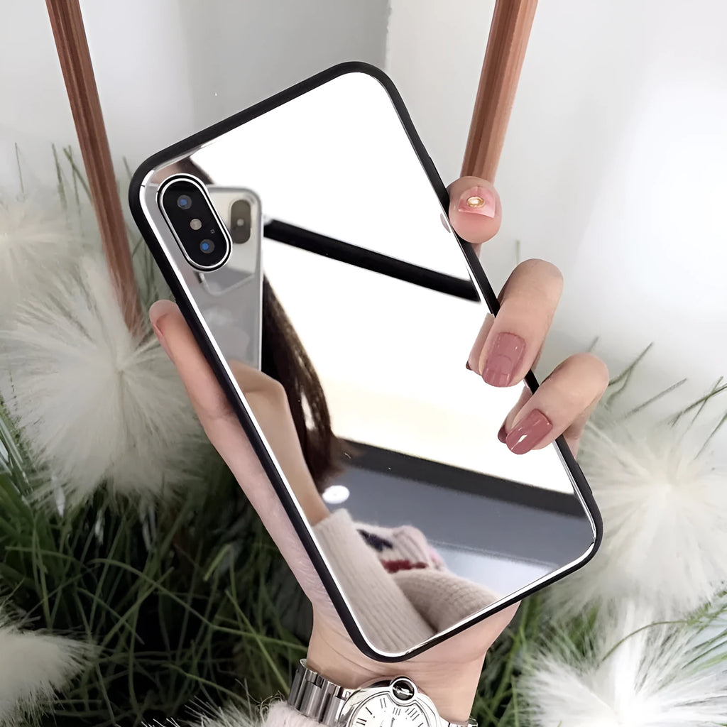 Black iPhone mirror phone case showing reflective surface, compatible with iPhone X and 7/8 Plus models.