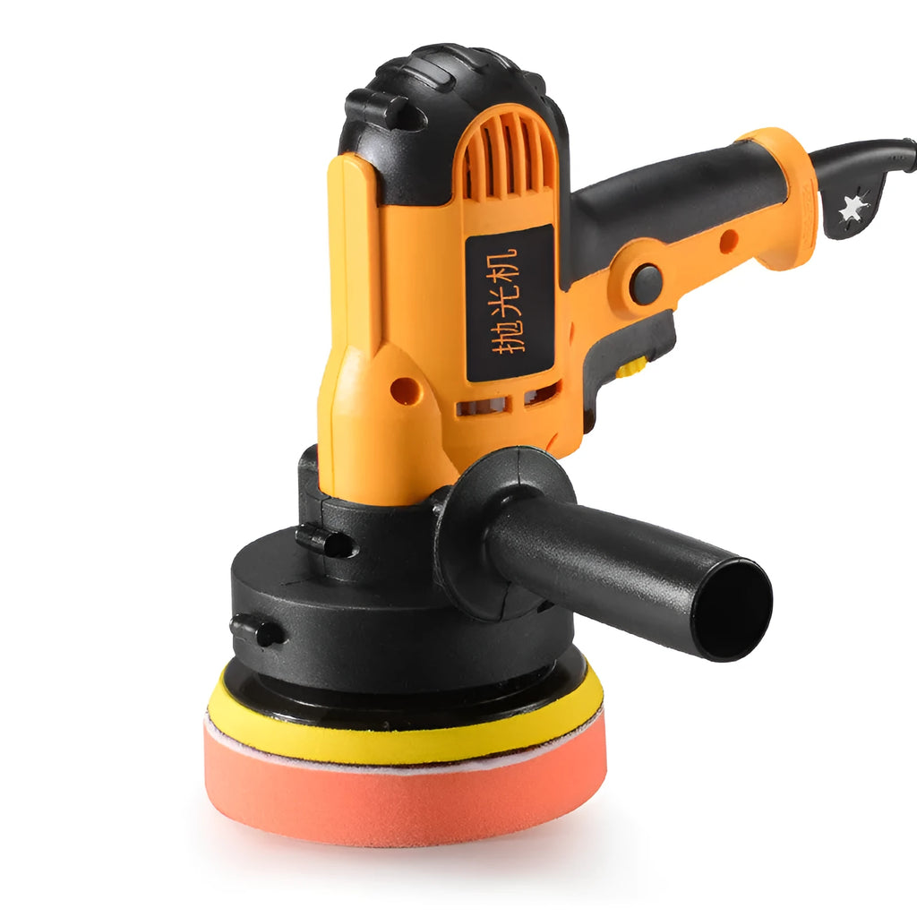 Yellow automotive polishing machine with 125mm disc for car, metal, wood and ceramic surfaces