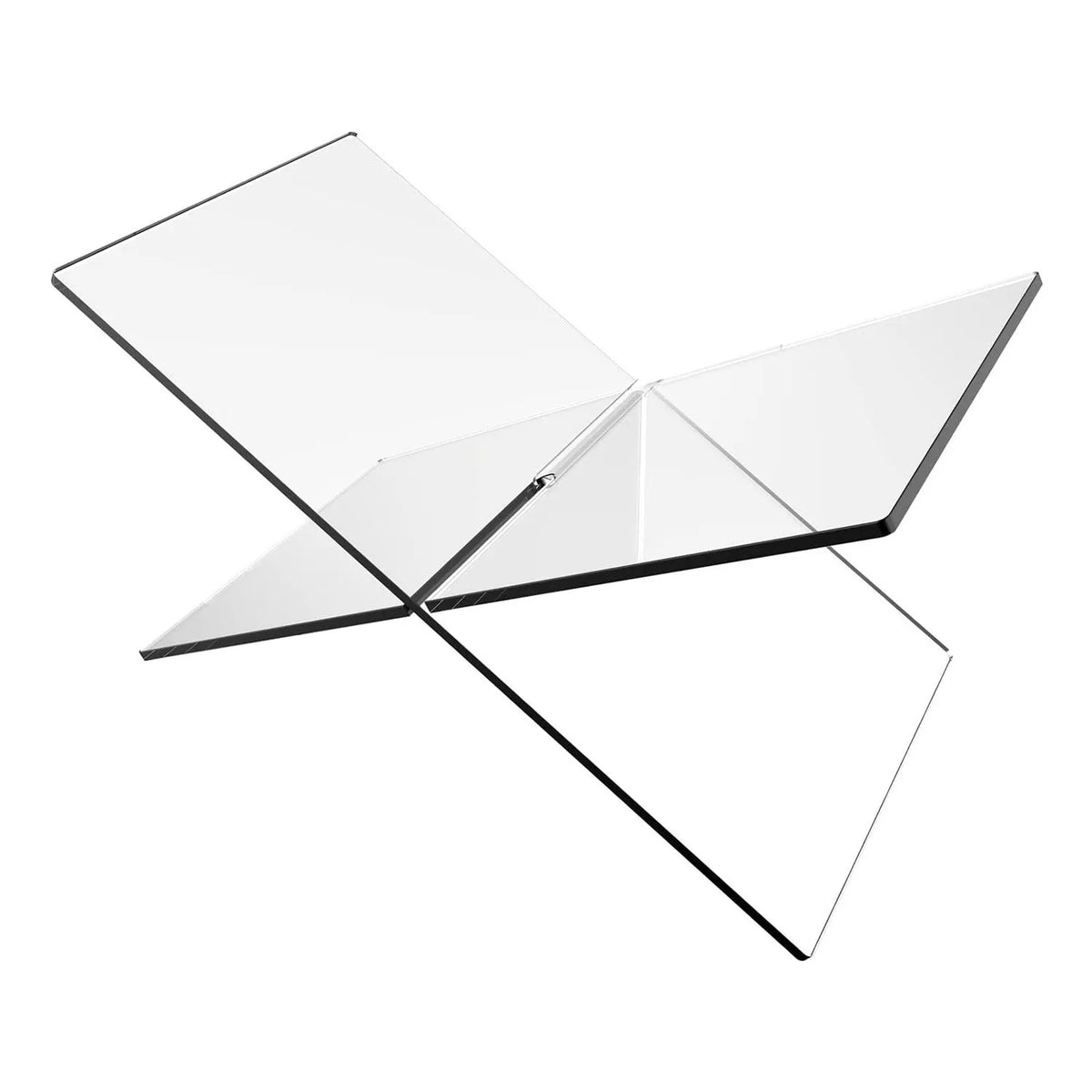 Clear acrylic X-shaped desktop book display rack holding a book.