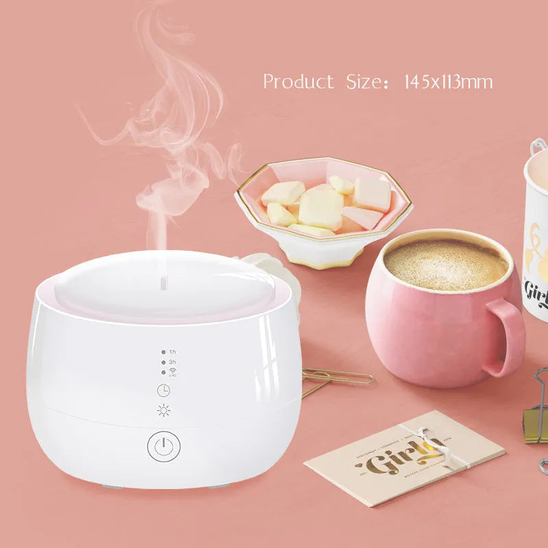 Black smart home aromatherapy humidifier with 300ml tank, LED lights, and touch control, 144mm base diameter.