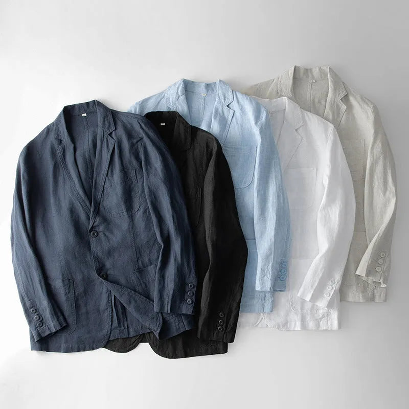 Men's casual linen suit jacket in a solid colour on a hanger, showing long sleeves and a relaxed fit.