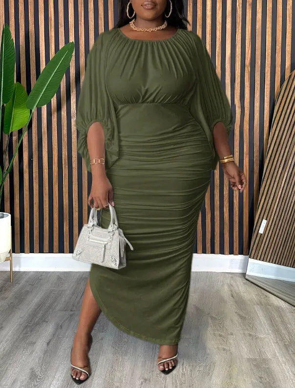 Army green long dress with round neck, raglan sleeves, and shirred bodice, plus size 1XL-5XL