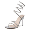 Women's rhinestone snake-shaped winding tape hollow stiletto heel sandals square toe PU upper