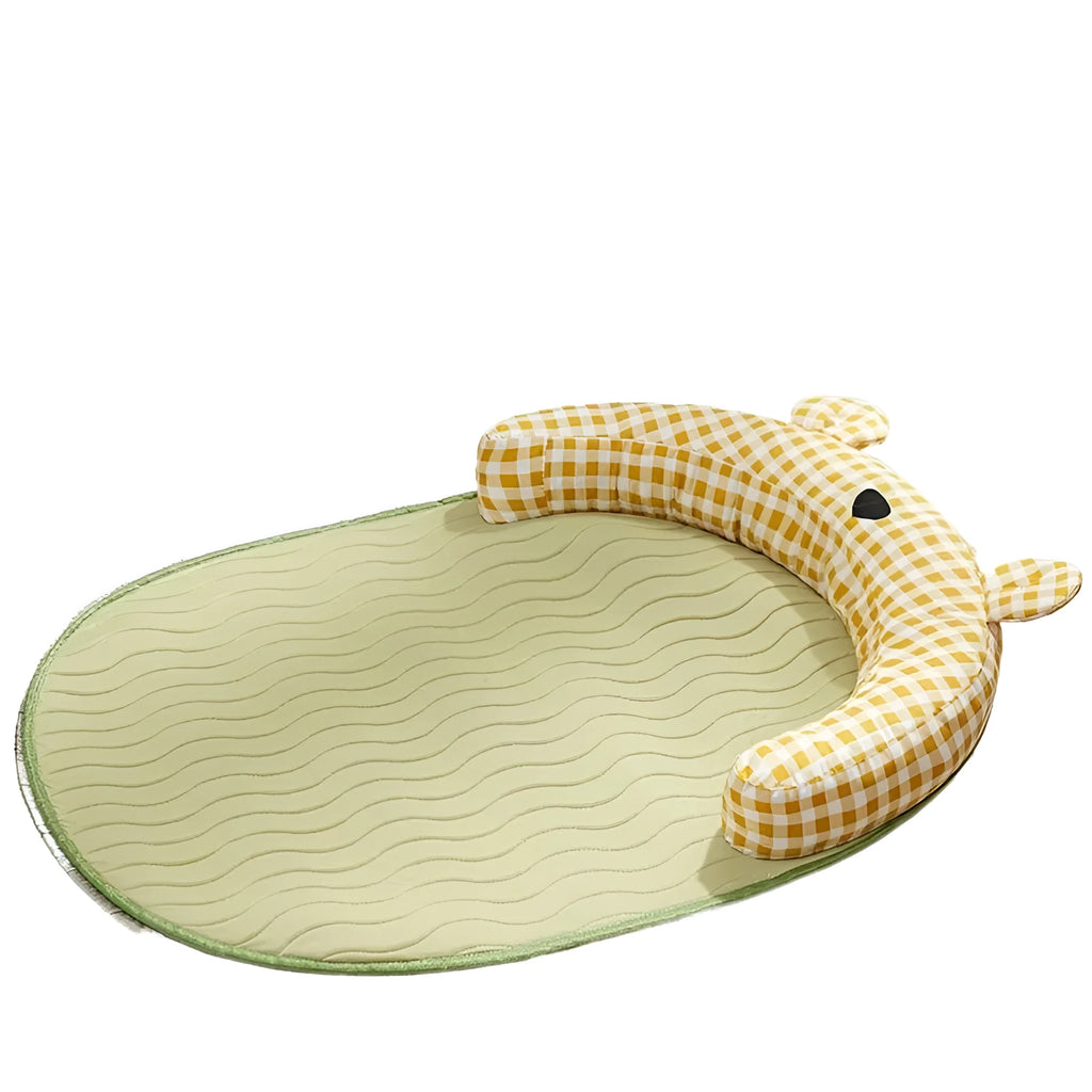 Large green pet cooling mat for dogs and cats, size 75 cm by 55 cm, placed on a floor.