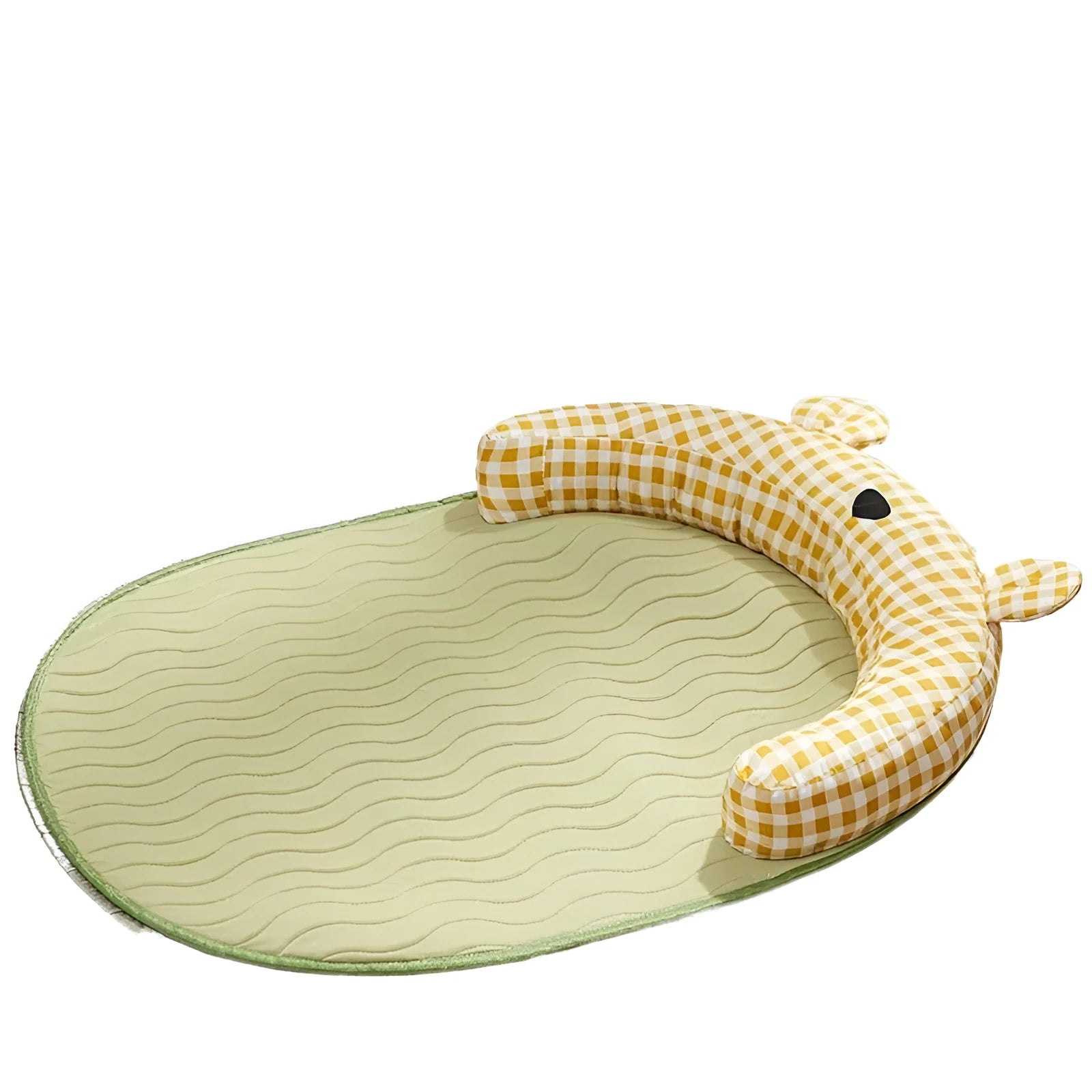Large green pet cooling mat for dogs and cats, size 75 cm by 55 cm, placed on a floor.