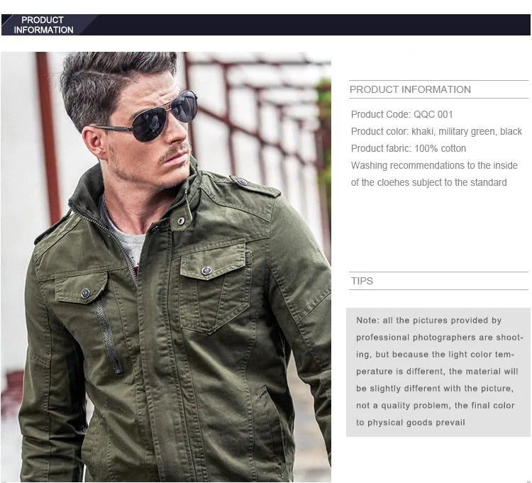 Men's winter bomber jacket in khaki, green or black, 100% cotton outer, polyester lining, long sleeve, badge detail, sizes M to 6XL.