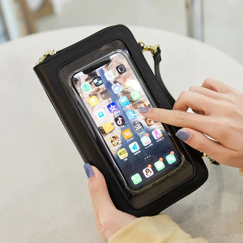 Anti-theft touch screen phone bag crossbody wallet in PU leather, 20.5cm width, multiple colours