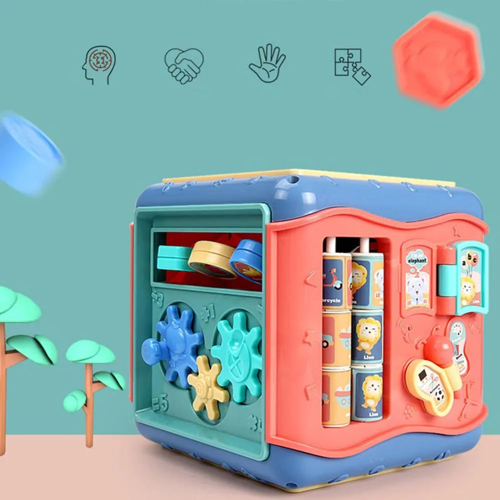 Baby hexahedron educational cube showing six sides with bead maze, clock, number tray, gears, car track, and butterfly activities