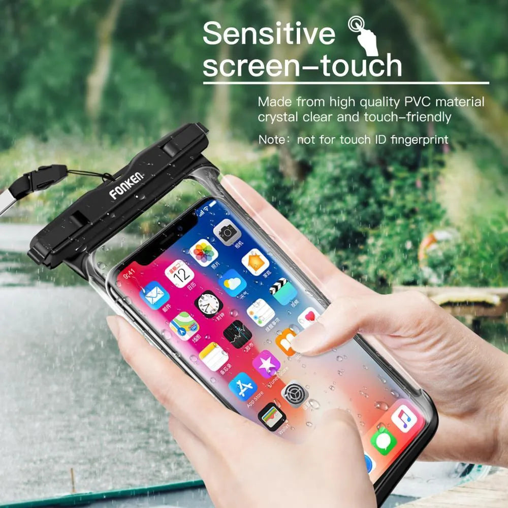 Waterproof phone pouch transparent front double ring seal 7 inch black blue green white