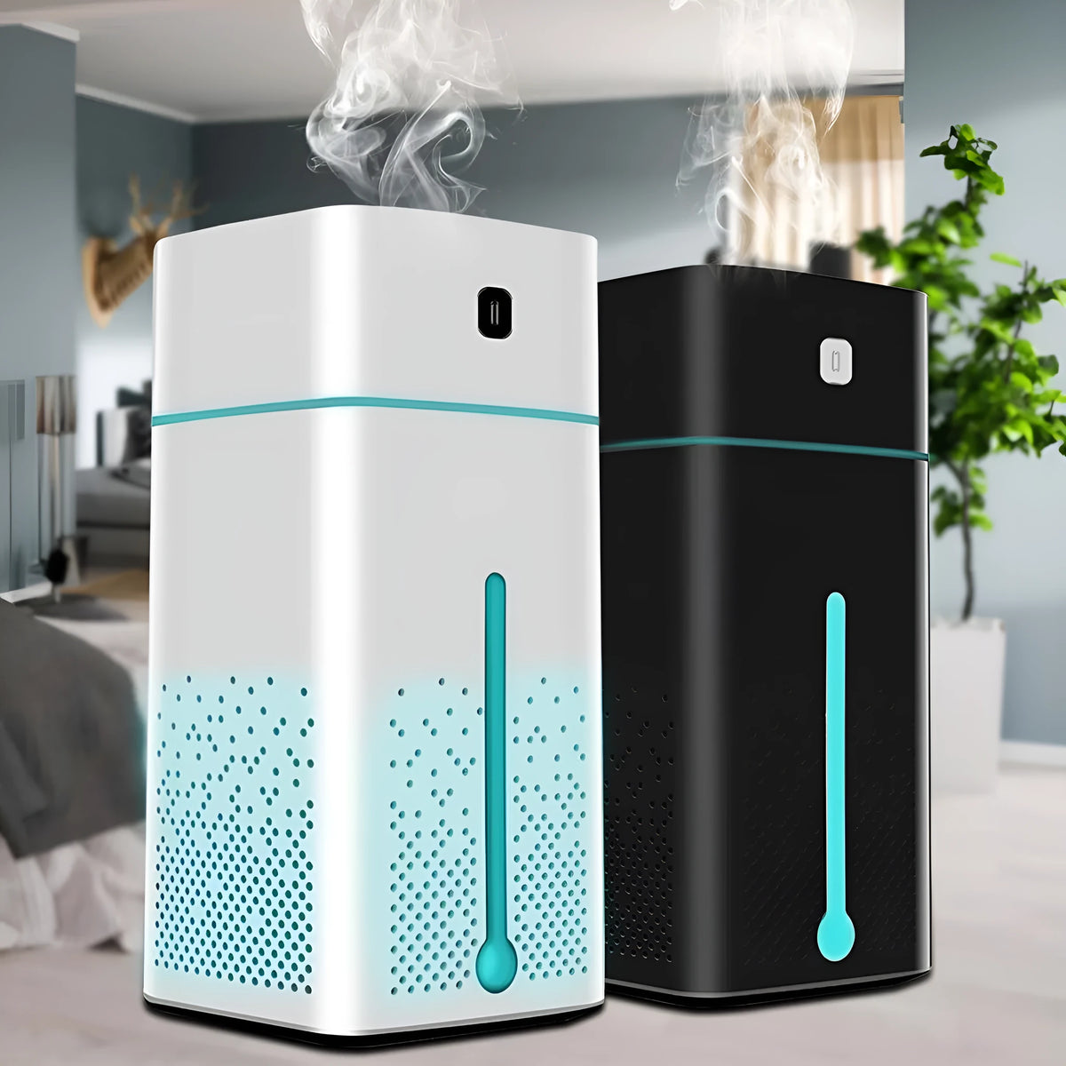 Black and white desktop humidifier with 1000ml capacity and USB interface for home office use