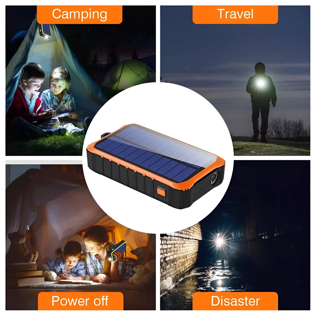 Orange and green hand solar mobile power bank with hand crank and dual USB ports