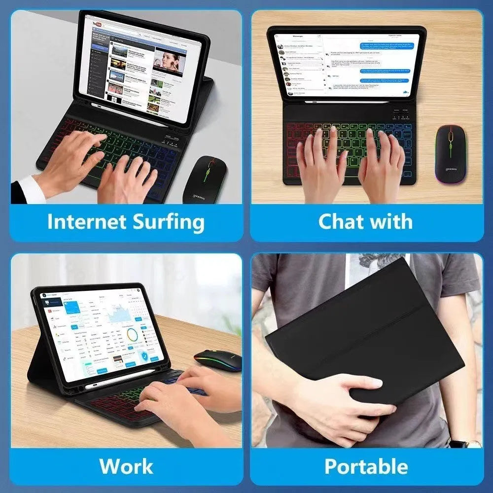 iPad protective leather case with luminous RGB backlit Bluetooth keyboard and optional mouse in various colours
