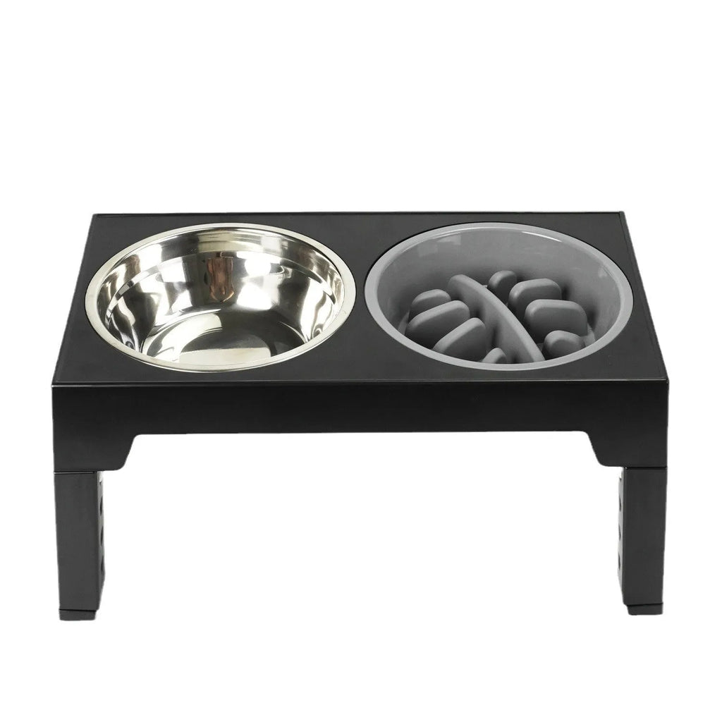 Elevated pet feeder bowl rack with two stainless steel bowls, 44x27.9x29cm, in grey, black, or white