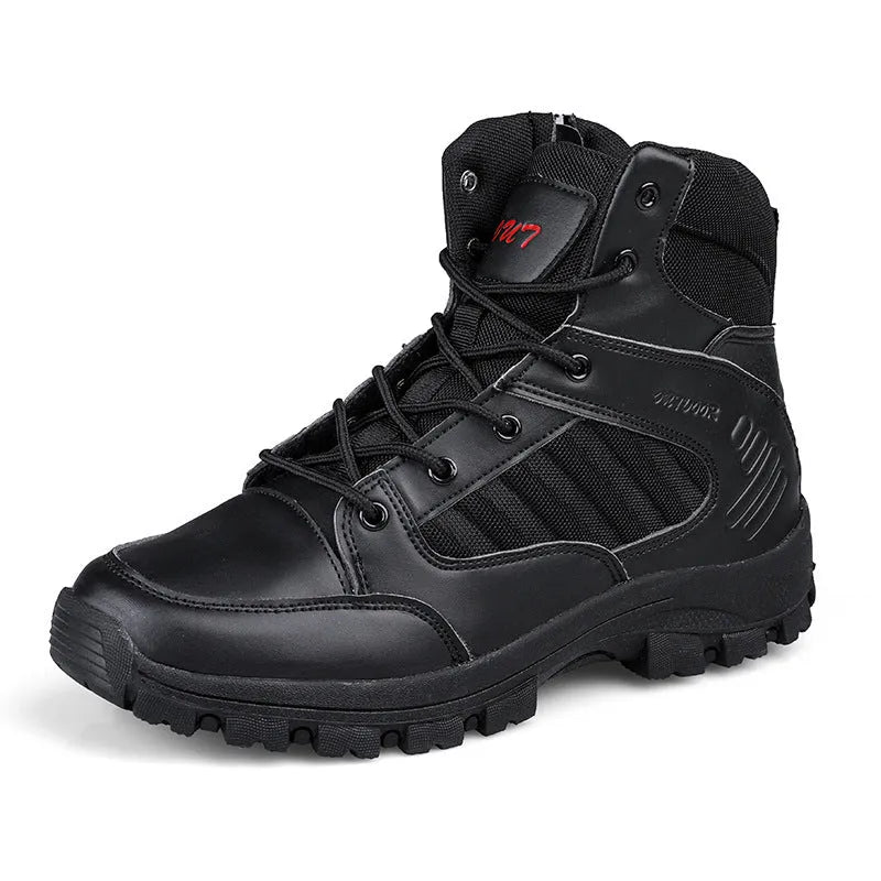 Men's high-top hiking shoes in black camouflage colour with artificial PU upper and metal detail.
