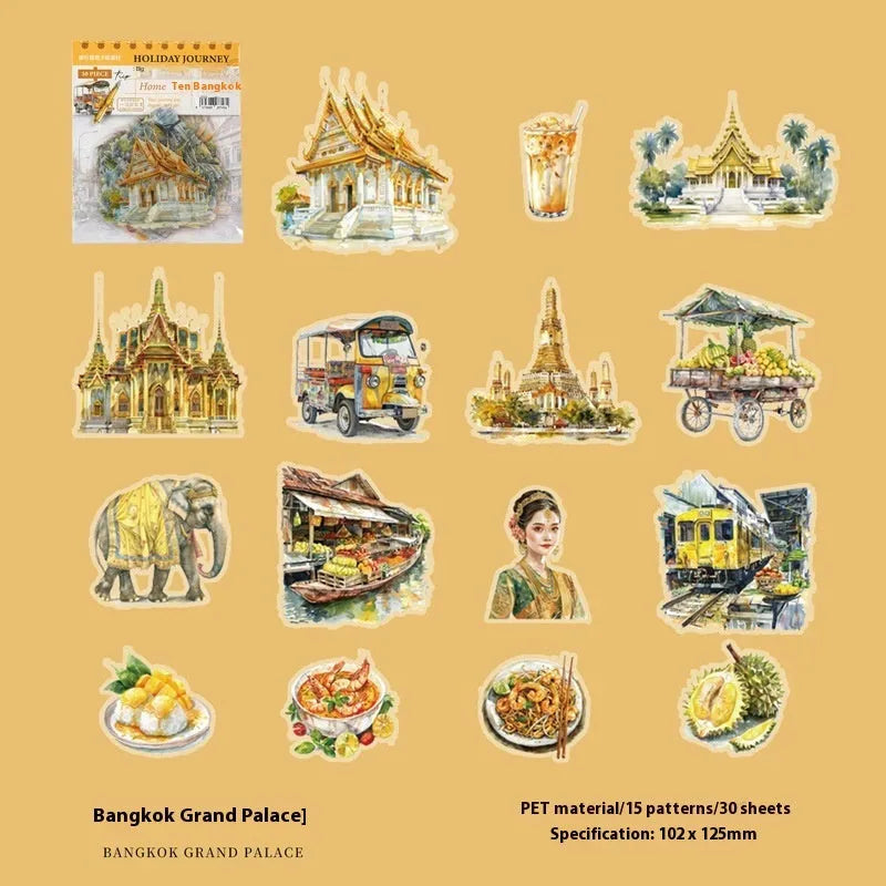 Holiday Journey Series architecture journal stickers with seven landmark designs in retro style