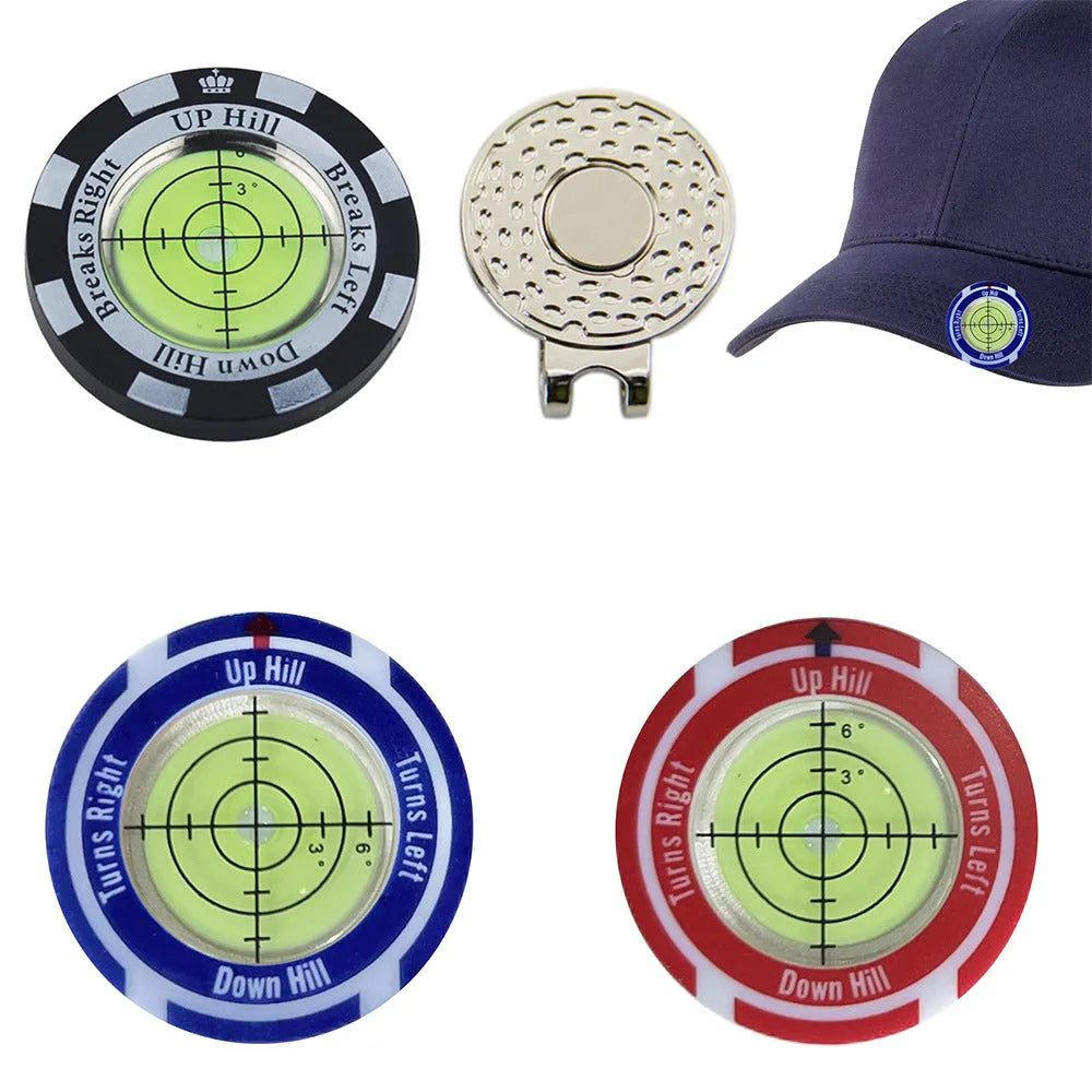 Golf level hat clip device showing coloured water indicator for slope measurement