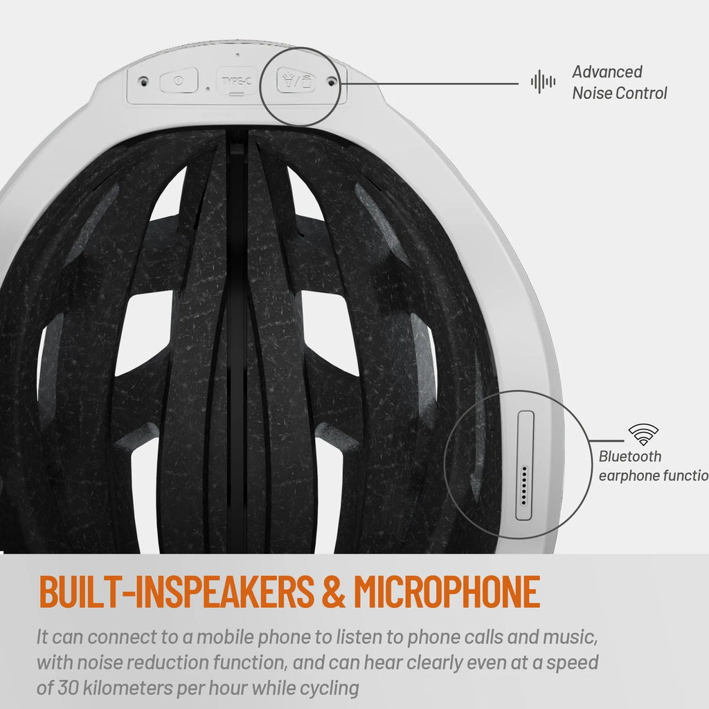 Black and grey smart cycling helmet with integrated warning light system and USB charging port