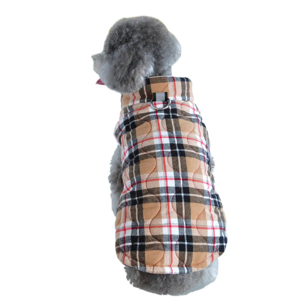 Winter dog jacket in heavy cotton quilted gourd fabric with plaid pattern and reflective webbing