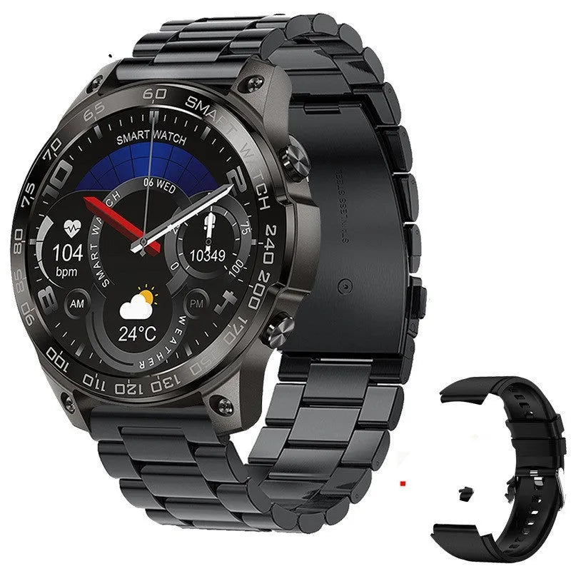 Black Bluetooth smartwatch with round AMOLED screen displaying time, on a silicone strap.