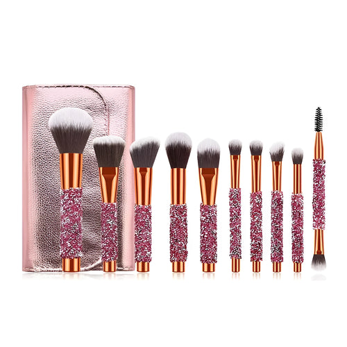 10-piece diamond wrap makeup brush set with colourful nylon bristles for precise eye and lip makeup application