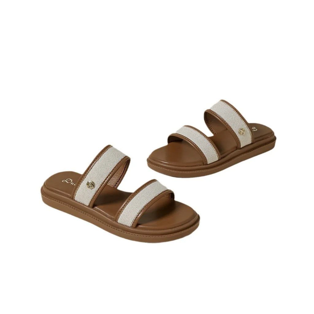 Women's vintage soft bottom flip-flops in brown and black artificial PU for beach and daily wear