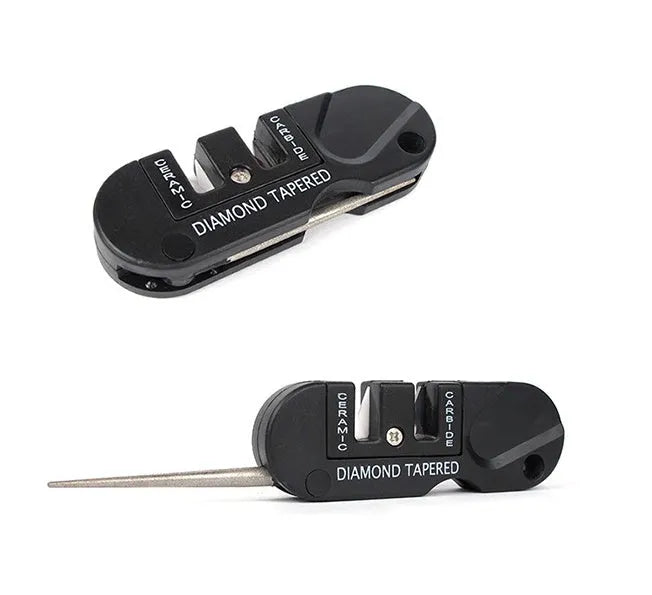 Pocket Pal compact knife sharpening tool in Black colour showing fold-out carbide blades ceramic stone and diamond rod