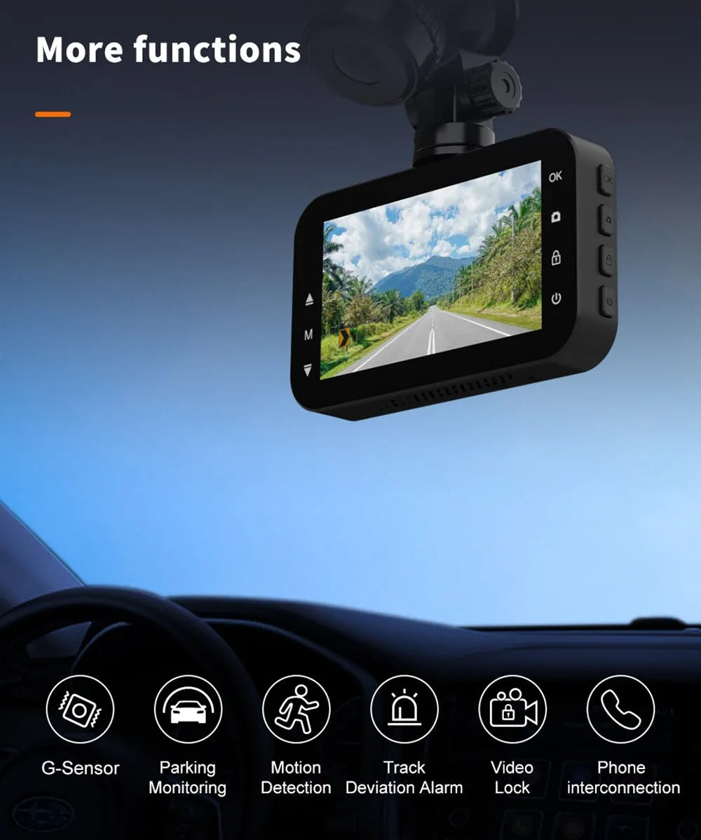 ThiEYE front and rear car dash camera system with 3-inch screen displayed next to its waterproof rear camera unit.
