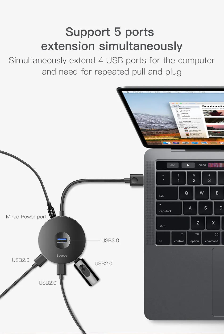 USB hub adapter in round box with USB 3.0 and USB 2.0 ports and cable
