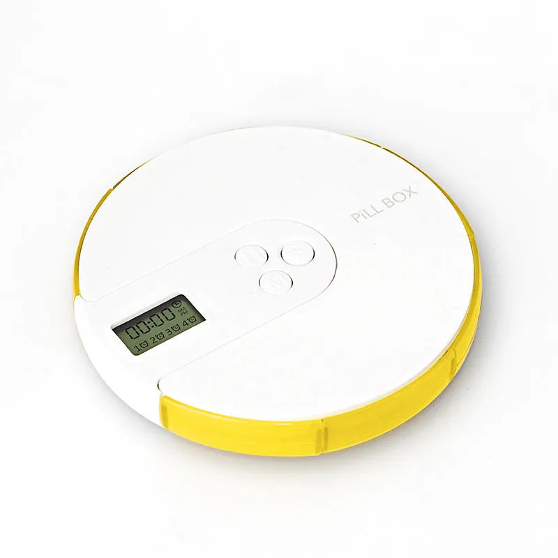 Seven-compartment electronic pill dispenser with alarm clock display showing timer settings