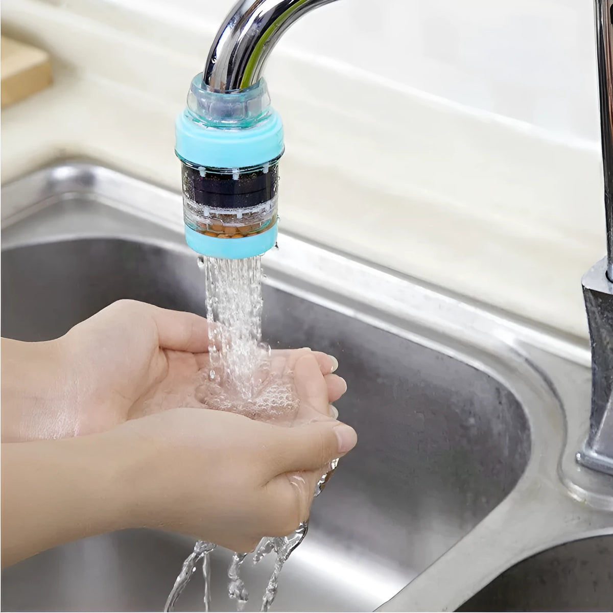 Magnetized tap water filter in wheat rice stone and plastic, 7cm by 3.2cm, for 16-19mm faucets, in blue pink or white