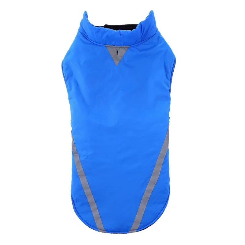 Two-legged cotton dog jacket in black, blue, or purple, sizes S to 2XL with size chart for length, bust, and neck