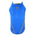 Two-legged cotton dog jacket in black, blue, or purple, sizes S to 2XL with size chart for length, bust, and neck
