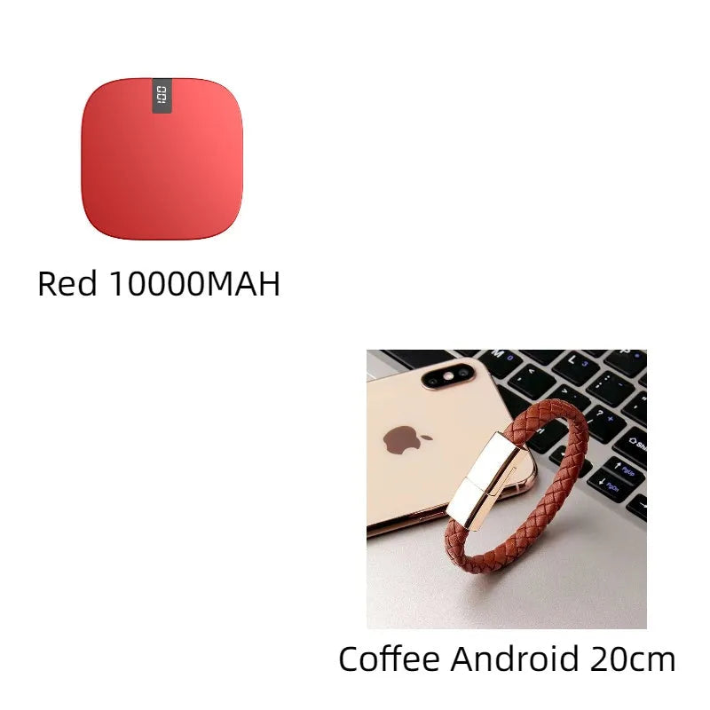 10000 mAh mini power bank with digital display in black, compact portable charger with two USB ports
