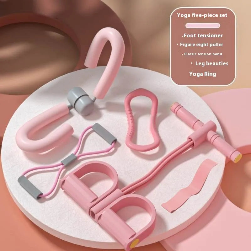 Yoga four piece fitness set showing leg stretcher, yoga ring, pedal chest expander, and figure eight tension rope.