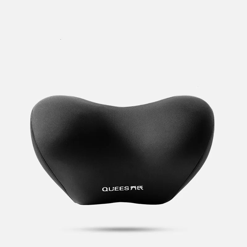 Black grey memory foam automotive lumbar support pillow and headrest on a car seat.