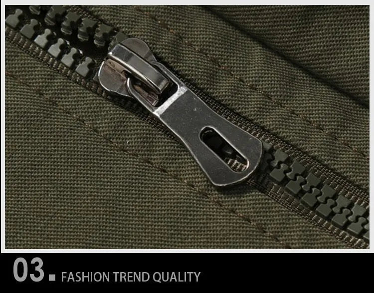 Men's winter bomber jacket in khaki, green or black, 100% cotton outer, polyester lining, long sleeve, badge detail, sizes M to 6XL.