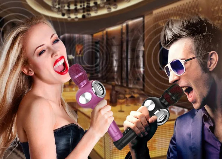 Yaerjia E108 handheld karaoke microphone in black, gold, or pink with rechargeable battery.