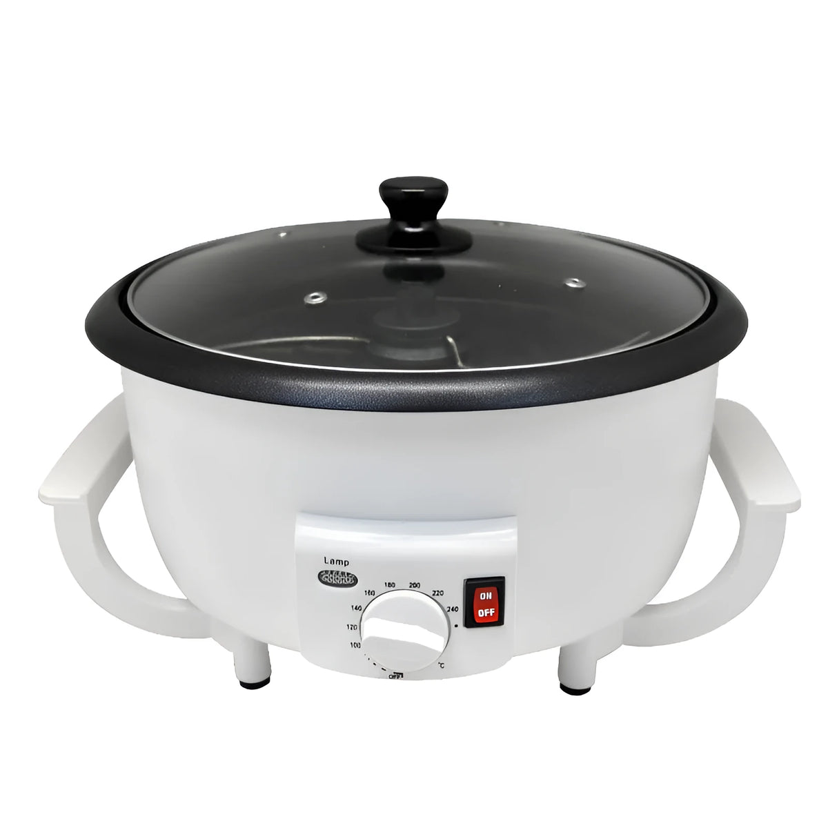 White oblate coffee roasting machine with 750g capacity and 225mm pot diameter