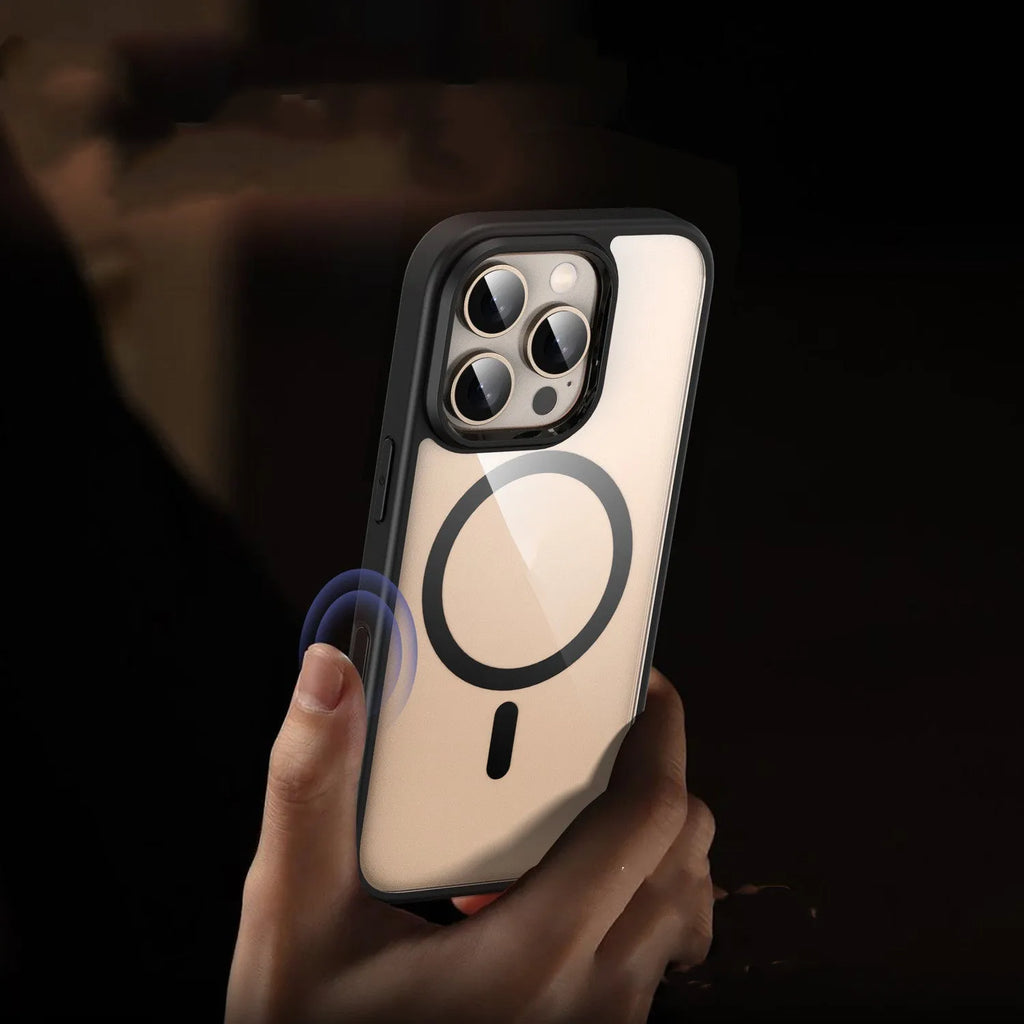 Transparent black magnetic shockproof phone case for iPhone 16 with visible airbag corners.