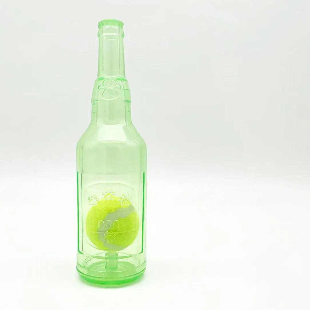 Blue natural rubber squeaky dog toy shaped like a water bottle for chewing and interactive play.