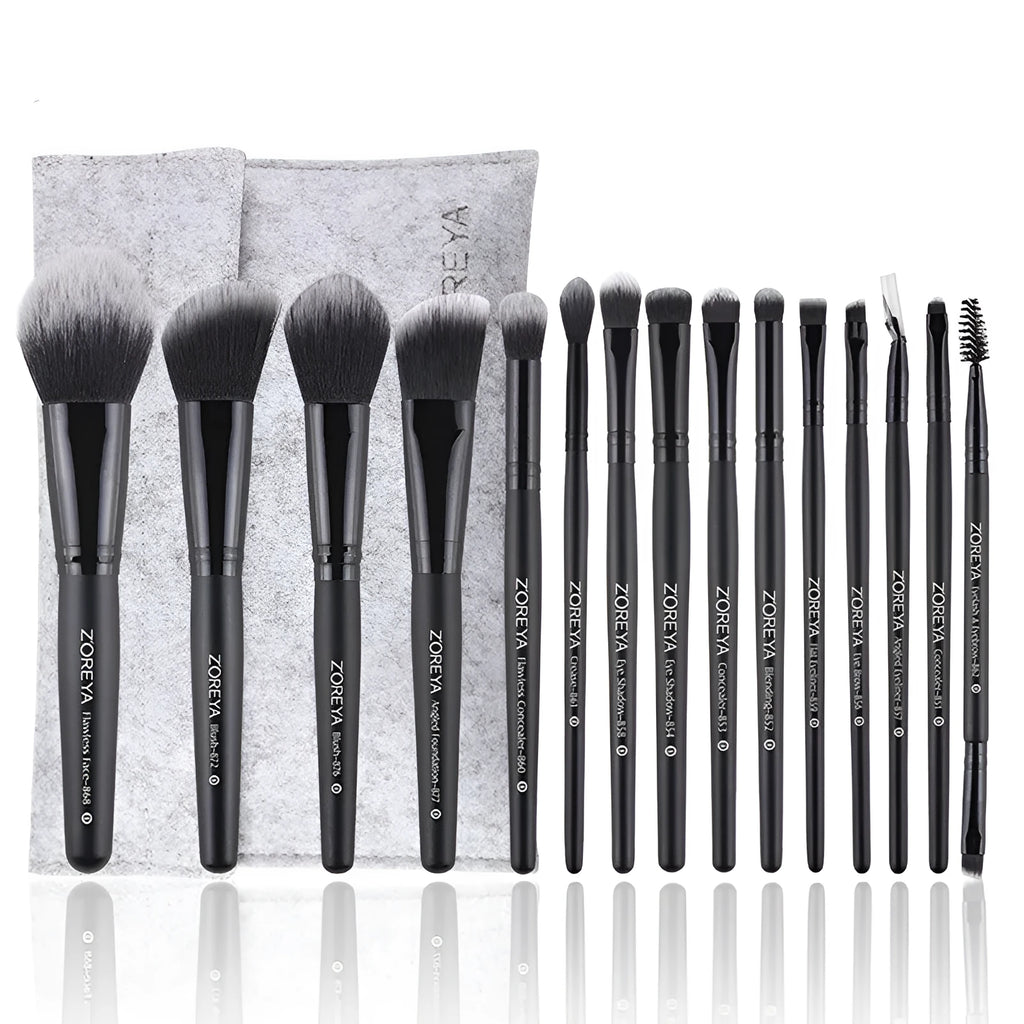 ZOREYA15 black synthetic hair makeup brush set laid out on a flat surface
