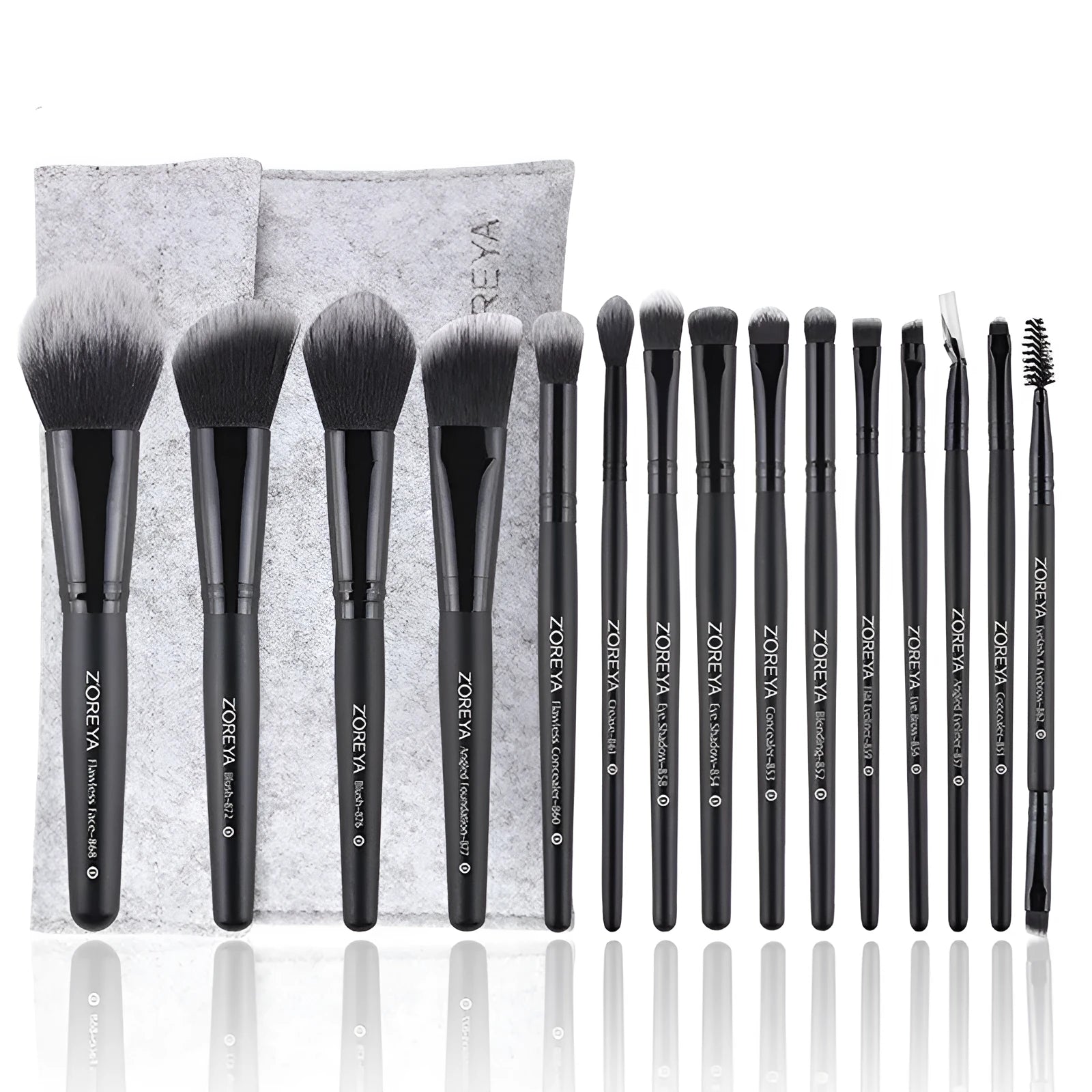 ZOREYA15 black synthetic hair makeup brush set laid out on a flat surface