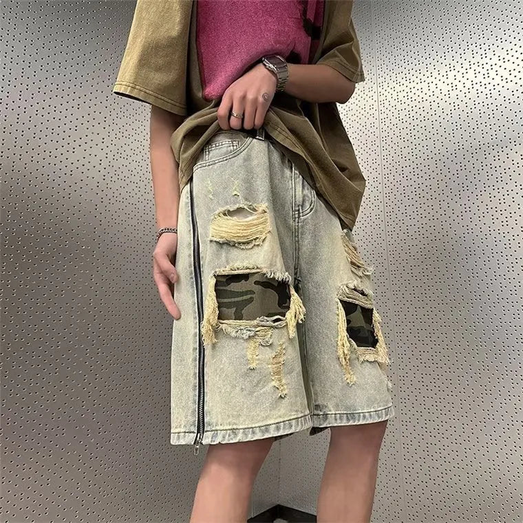 Men's yellow ripped camouflage denim shorts with straight leg Korean style