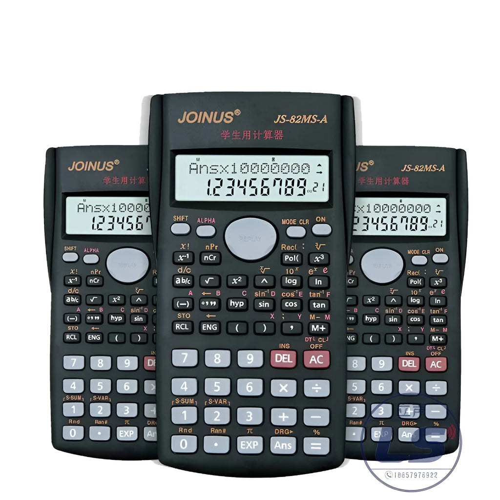 JS-82MS scientific function calculator with 10-digit display, ABS housing, 157 x 84 x 17 mm, plastic buttons, Button Electronics colour