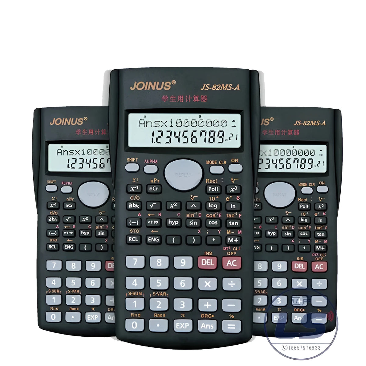 JS-82MS scientific function calculator with 10-digit display, ABS housing, 157 x 84 x 17 mm, plastic buttons, Button Electronics colour