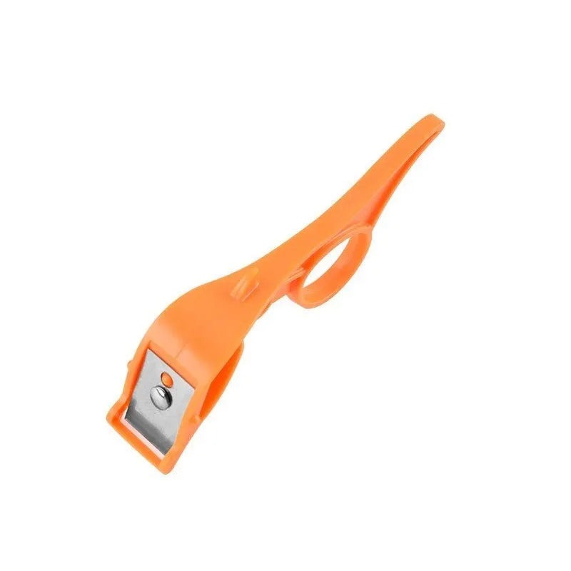Finger ring peeler with plastic body and stainless steel blade in pink, blue, or orange for scraping fruit and vegetable skin