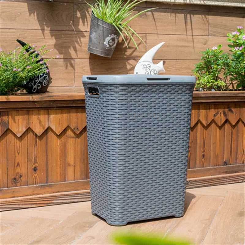 Plastic rattan woven laundry basket in beige, grey, or brown, polypropylene, 44 × 34 × 62cm
