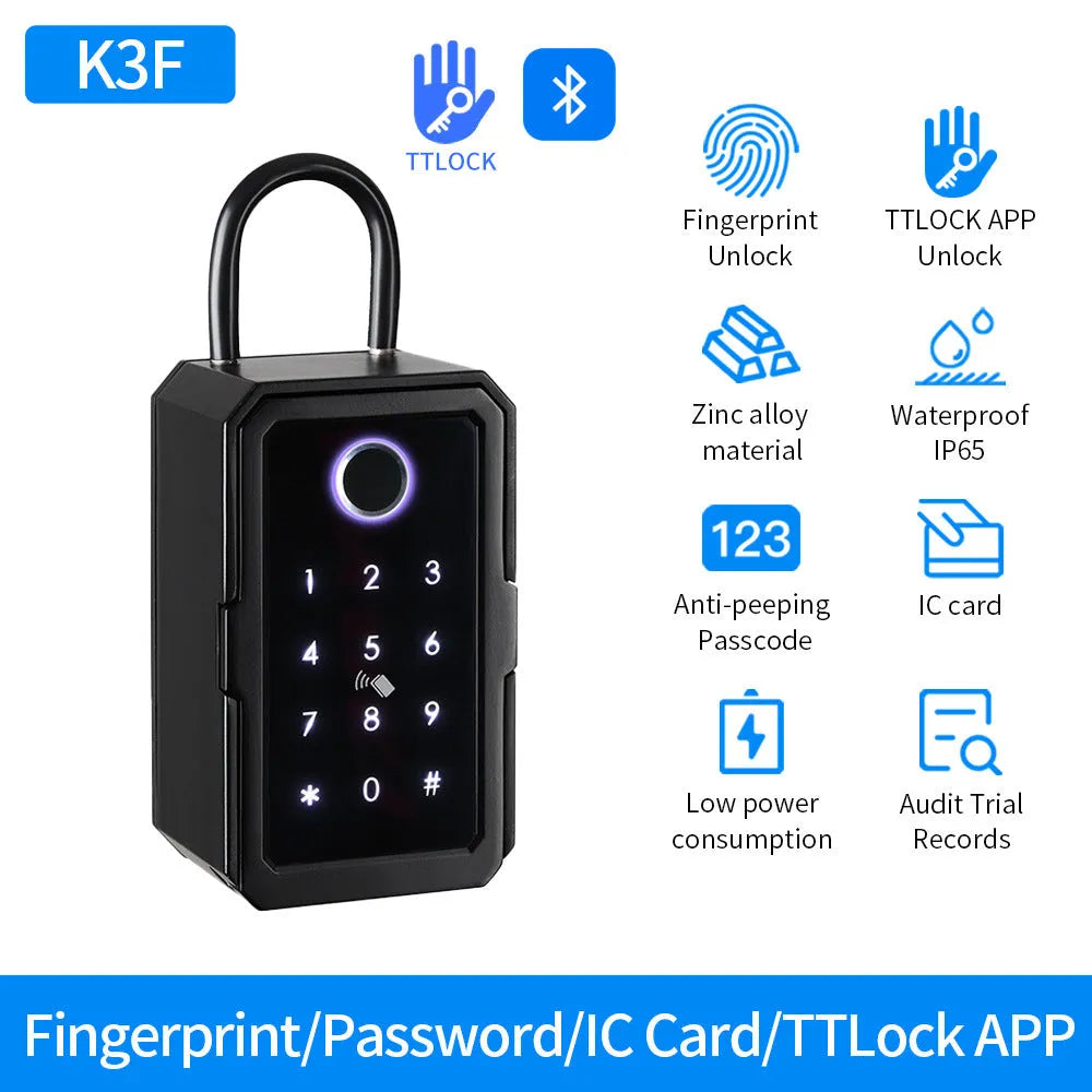 Smart key box with fingerprint scanner and card slot for secure key storage, model K3BF