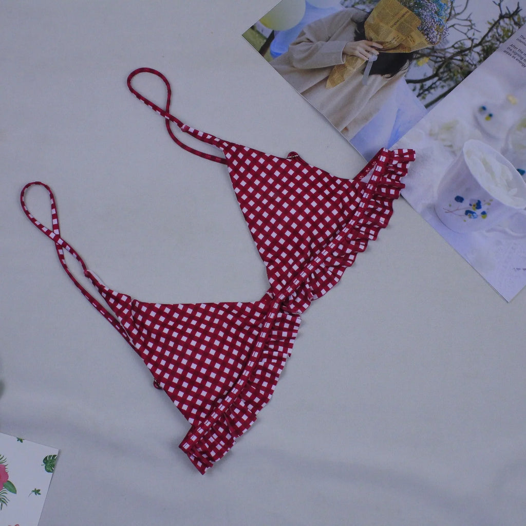 Women's plaid bikini swimwear in red or black with chest pad, lattice pattern, sizes S to XL